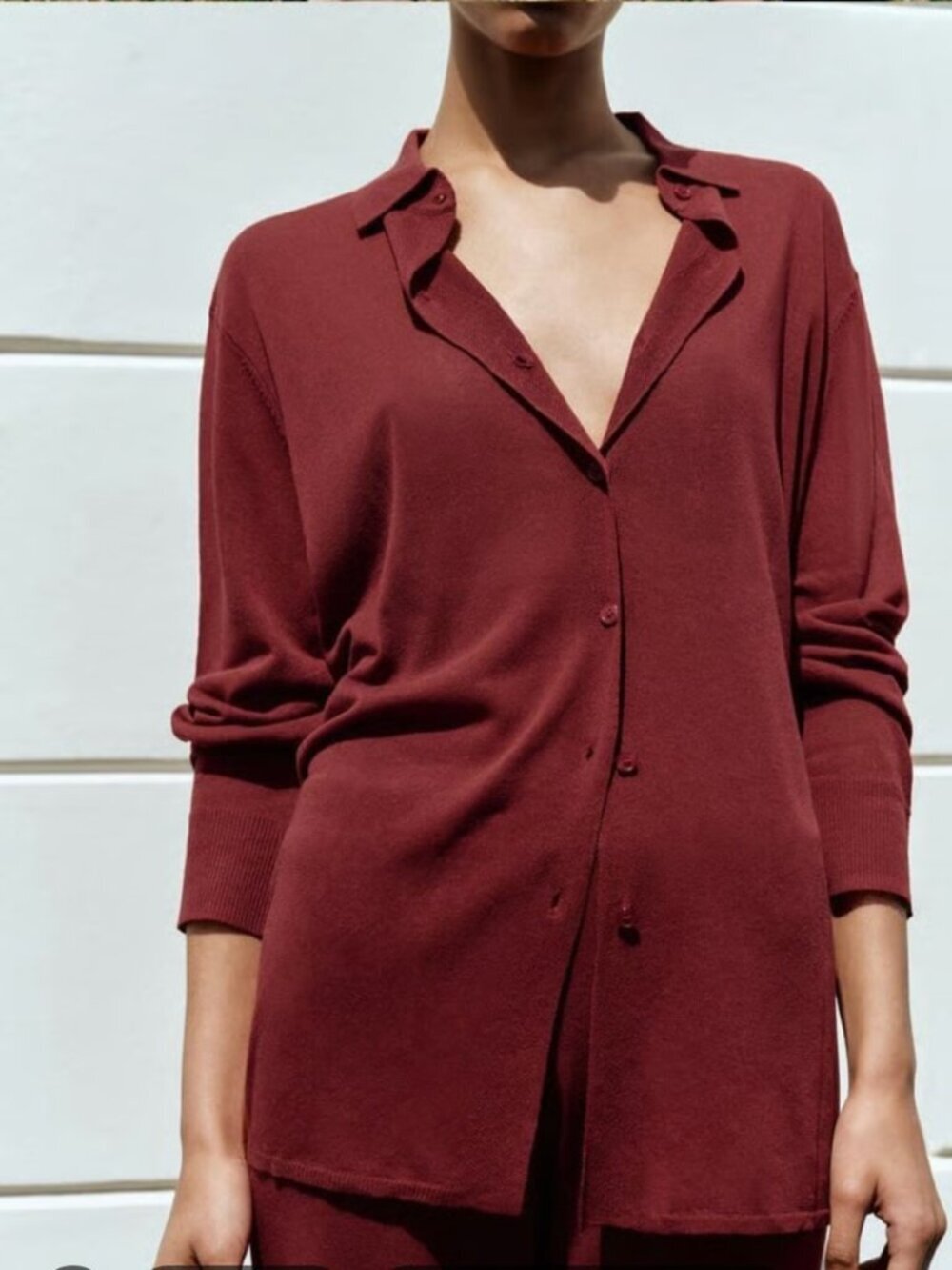 Zara Solid Knit Oversized Flowy Button Down Cardigan Sweater Burgundy Red M